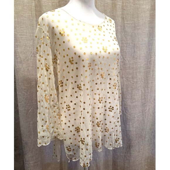 Sheer Ivory Top Embroidered with Gold Sequins Loose-Fitting & Flowing XS - Picture 5 of 10